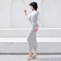Ensemble de tenues pour femmes personnalisées en 2 pièces, tricot sans manches, col en V, veste ample, jupe midi moulante, robes en tricot