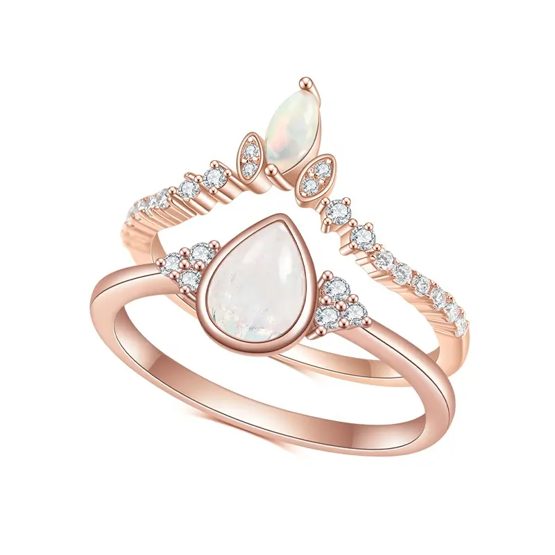 Abiding Handmade Waterdrop Natural Opal Moonstone Jewelry Rose Gold Plated 925 Silver Ring Set For Ladies Wedding