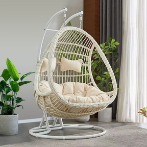 Fauteuil suspendu en forme d'œuf LE avec support en acier - Panier suspendu d'extérieur - Balançoire en rotin de loisirs - Berceau double - Product Image 1