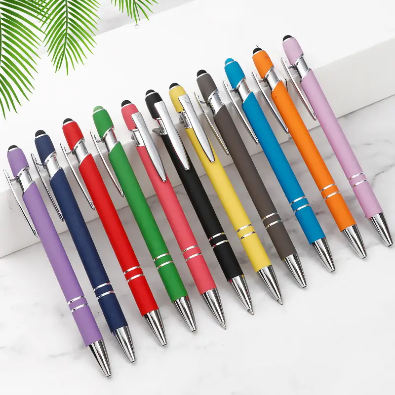 Atacado Promocional 2-em-1 Soft Touch Screen Ball Stylus Caneta Multifuncional de Borracha com Logotipo Personalizado Metal Ballpoint