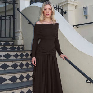 เดรสยาวทรงเอไลน์แบบรัดเอวเปิดไหล่สไตล์ฝรั่งเศส แขนยาว ผ้าเรียบหรู เหมาะสำหรับงานเลี้ยงกลางคืน - Product Image 1