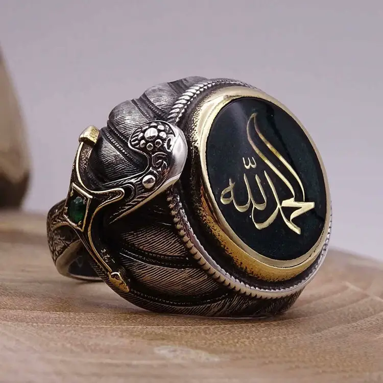 Qushine Multi-Stijl Arabische Geschrift Strass Overdreven Islamitische Ring Allah Moslim 925 Oude Verzilverde Ringen Voor Mannen