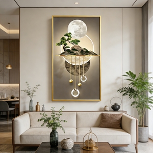 Peinture en porcelaine cristalline 3D avec impression lumineuse, motifs pin et montagne - Cadre en alliage d'aluminium doré, art mural <span class=keywords><strong>moderne</strong></span> pour la maison et le bureau - Product Image 1