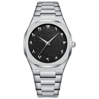 Montre à quartz de luxe pour homme, cadran à chiffres arabes, verre minéral, bracelet en acier inoxydable, fermoir papillon, résistante à l'eau 30M
