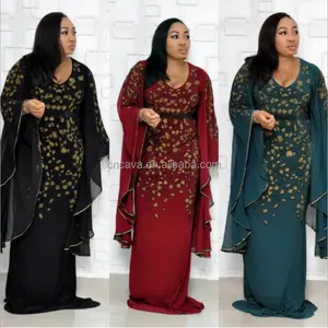 plus size national african women's party dresses fashion kitenge designs embroidery sequins round collar big flare sleeve skirt