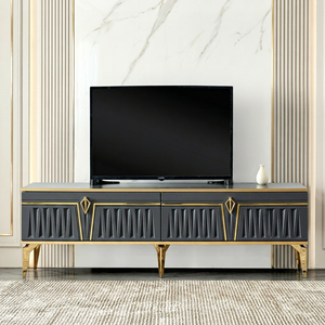 Moderno Soporte de TV Convertible de Madera Maciza Negra y Dorada con Almacenamiento para Televisores de 65 Pulgadas y Más Grandes, Mueble de Salón con Montaje en Suelo - Product Image 1