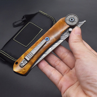 Couteau de chasse pliable EDC à roulement mécanique élégant, lame en acier Damas, forgé à la main, couteau de poche, étui en bois et cuir