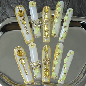 Uñas acrílicas artesanales de alta gama al por mayor, uñas postizas cuadradas de cobertura completa, amarillas, diseño de flores 3D con diamantes de imitación, personalizables - Product Image 3