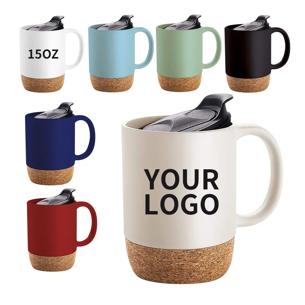 11oz 13oz 15oz Ceramic Mugs with Cork Base, High Quality Wooden Base Coffee Mugs, Cork Base Mugs with Push Lids