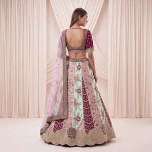 Conjunto de Lehenga Choli Bordado con Flores Color Borgoña para Damas de Honor, con Dupatta de Tela de Red, Traje para Recepción de Boda - Product Image 1