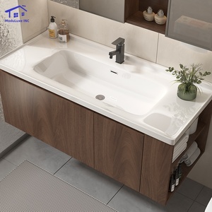 Meuble de salle de bain intelligent marron avec vitrine en verre, lavabo blanc, armoire murale - Product Image 5