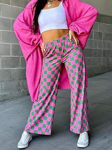 Trendy High Waisted Checkerboard Print Pants Soft Breathable Elastic Waist Wide Leg <strong>Trousers</strong> for Women - Product Image 5