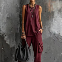 Setelan Dua Potong Wanita Bahan Poliester Atasan Tank Top Tanpa Lengan Celana Jogger Cargo Saku Utilitas Manset Elastis Pakaian Kasual Musim Panas Gaya Streetwear