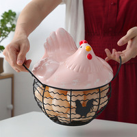 Eiermandje van blauw roze rotan, keramiek, metaaldraad, milieuvriendelijk, modern huisdecor, kipvormig, fruitmand, keukenopbergbak