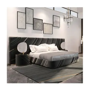 Big Headboard Modern Double Bed Genuine Leather Bed Modern Italian Leather Luxury Double King Size Bed