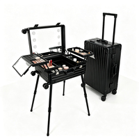 Valise de maquillage sur roulettes 24 pouces or rose avec miroir éclairé et haut-parleur Bluetooth pour artistes, valise de voyage pour cosmétiques