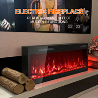 Chimenea Eléctrica Empotrada Bajo TV de 40-100 Pulgadas, Cuerpo Metálico Ultrafino, Llama LED 3D, Calentador de Bajo Consumo