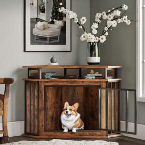 Cage pour <span class=keywords><strong>chien</strong></span> d'angle de 44 pouces avec 2 étagères, en bois massif, mobilier de niche, salon, utilisation en intérieur, chiens de petite et moyenne taille, moderne, non pliable - Product Image 2