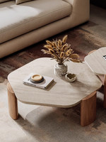Table basse moderne en travertin naturel et bois massif, style Wabi-Sabi, design polygonal, pour salon, boutique