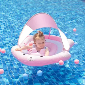 תינוק מים לצוף מושב עם מושב מתכוונן כיס תינוק בריכה לצוף עם חופה בטיחות חזיר בצורת תינוק שחייה לצוף