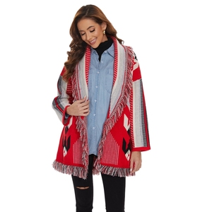 <span class=keywords><strong>Cardigan</strong></span> Invernale Boho con Motivi Geometrici Jacquard, Oversize, Maniche Lunghe, Colletto con Nappine Vintage, <span class=keywords><strong>Rosso</strong></span> - Product Image 2