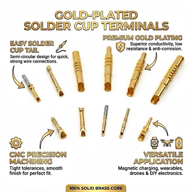 CNC Machined Brass Contact Pins with Solder Cup Tail - Gold Plated Spring Loaded Connector Parts for Smart Devices.