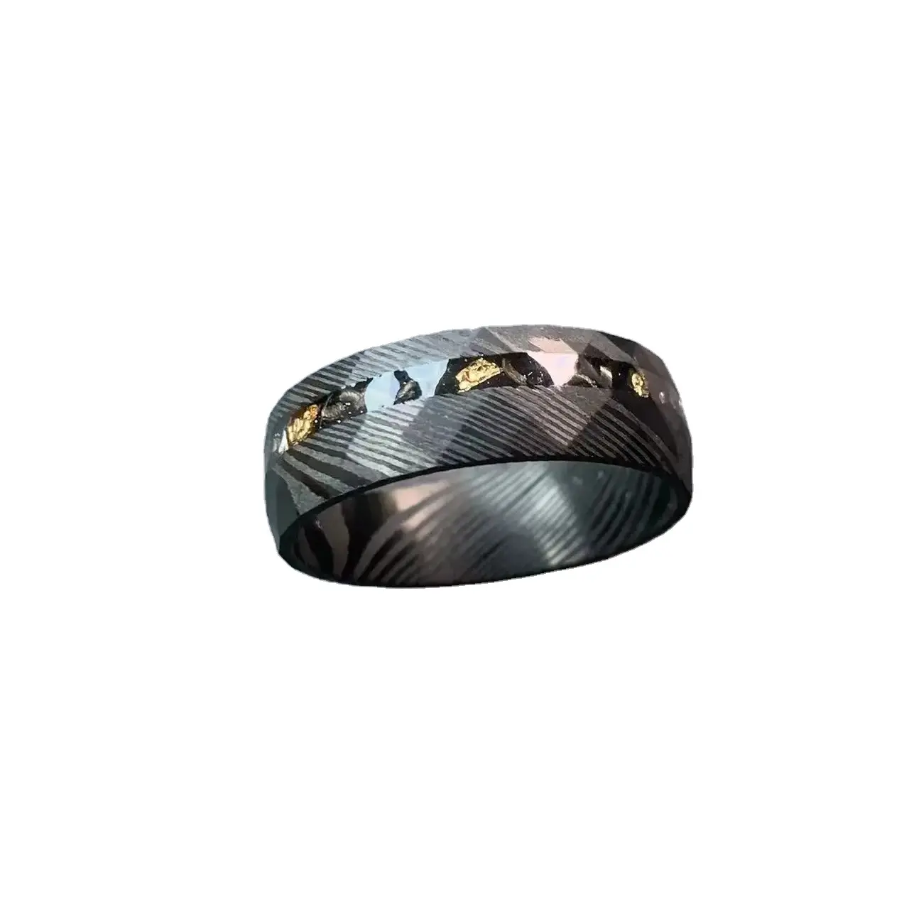 Groothandel Damascus Stalen Ringen 8Mm Zwart Gehamerd Damascus Ring Met Meteoriet En Bladgoud Inlay Trouwringen