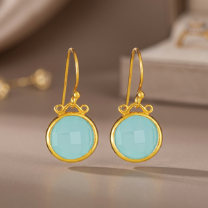 Boucles d'oreilles pendantes en calcédoine bleu aqua, argent sterling 925 plaqué or, pierre précieuse ronde, bijoux fantaisie tendance en gros - Product Image 3