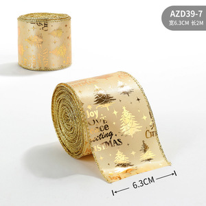 Factory Christmas Custom <b>Silver</b> Gold Hot Stamping Christmas <b>Wire</b> Edged Ribbon Sheer Organza Printed Ribbon for Gift Package - Product Image 2