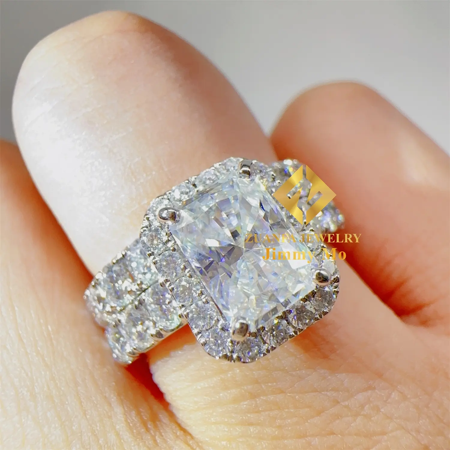 Personalizado 10K Real oro blanco precioso nupcial boda joyería conjunto 2Ct radiante Moissanite diamante compromiso banda anillo señoras