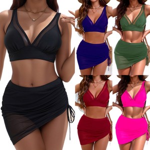 Women's Modest Swimwear Set with Deep V-Neck Mesh <b>Bikini</b> Top, High-Waisted Bottom, and Adjustable Ruched Sheer <b>Sarong</b> Skirt - Product Image 1