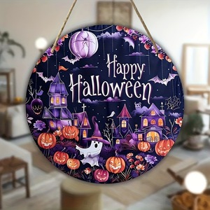 Letrero de Madera de Halloween, Decoración de Pared con Fantasma Morado, Calabaza y Casa Encantada, Adorno de Puerta con Murciélagos Espeluznantes, Decoración para Fiesta de Halloween - Product Image 5