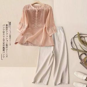 Women's Cotton <b>Linen</b> <b>Set</b> Embroidered Top Three Quarter Sleeve Wide Leg Pants Casual Breathable Spring Summer Style - Product Image 5