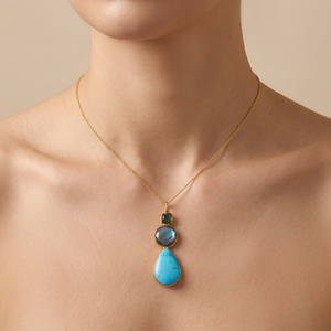 Fashion Jewelry Labradorite Turquoise Emerald Copper Turquoise Bezel Set Pendant 18k Gold Plated Triple Gemstone Chain Necklace - Product Image 3