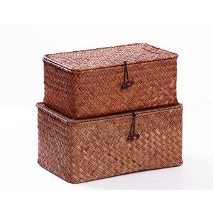Panier de rangement avec couvercle en jonc de mer naturel, paniers de rangement rectangulaires pour étagère, armoire, organisateur de maison - Product Image 5