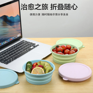 Foldable Silicone Food <b>Storage</b> Container Round With Lid For <b>Camping</b> Picnic Travel Lunch <b>Box</b> Portable Bento <b>Box</b> - Product Image 3