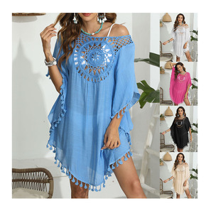 Vente chaude usine femmes été plage couvrir couleur unie <span class=keywords><strong>maillot</strong></span> de bain Crochet plage couvrir robes évider glands vêtements de plage - Product Image 1