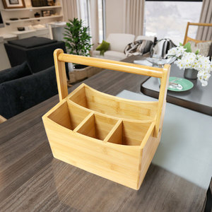 Portable Dining <strong>Table</strong> <strong>Caddy</strong> Storage 4 Compartments Wooden Desk Organiser Bamboo Flatware Utensil <strong>Caddy</strong> with Swing Handle - Product Image 5