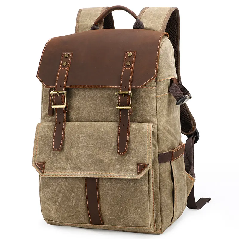 Outdoor High Capacity Wax Dyed Canvas SLR Camera Backpack Waterproof Laptop Photography Camera Bag