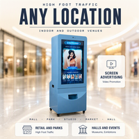 Kiosque d'impression photo IA avec synthèse faciale, changement de fond, animation de personnages, écran tactile et service en libre-service pour musées et attractions