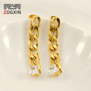 ZOGXIN Cuban Chain Drop Earrings Gold Plated Zirconia Geometric Party Jewelry for Women - Product Image 1