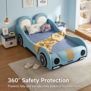 Modernes Blaues Rennwagen-Bett für Jungen Cartoon-Polsterbett Kinderbettgestell Hochwertige Kinderzimmermöbel - Product Image 5