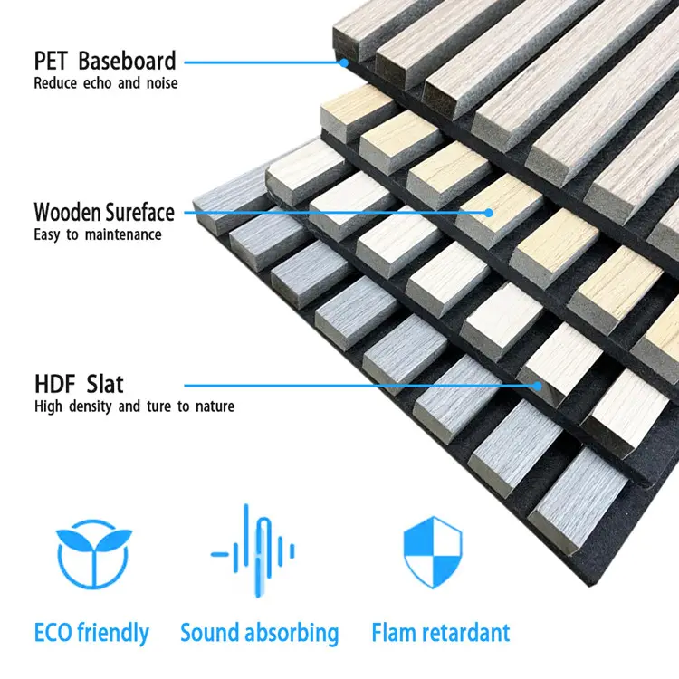 Strisce di legno ingegnerizzate certificate pannelli di parete acustici in poliestere con doghe in legno impiallacciato per trasformazione interna