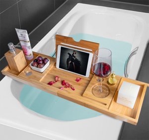 Bamboo Expandable Foldable Bathtub Rack Caddy <strong>Bath</strong> <strong>Table</strong> with Book Phone Holder Rack Bathroom Storage Rack for Suitable Bathtubs - Product Image 2