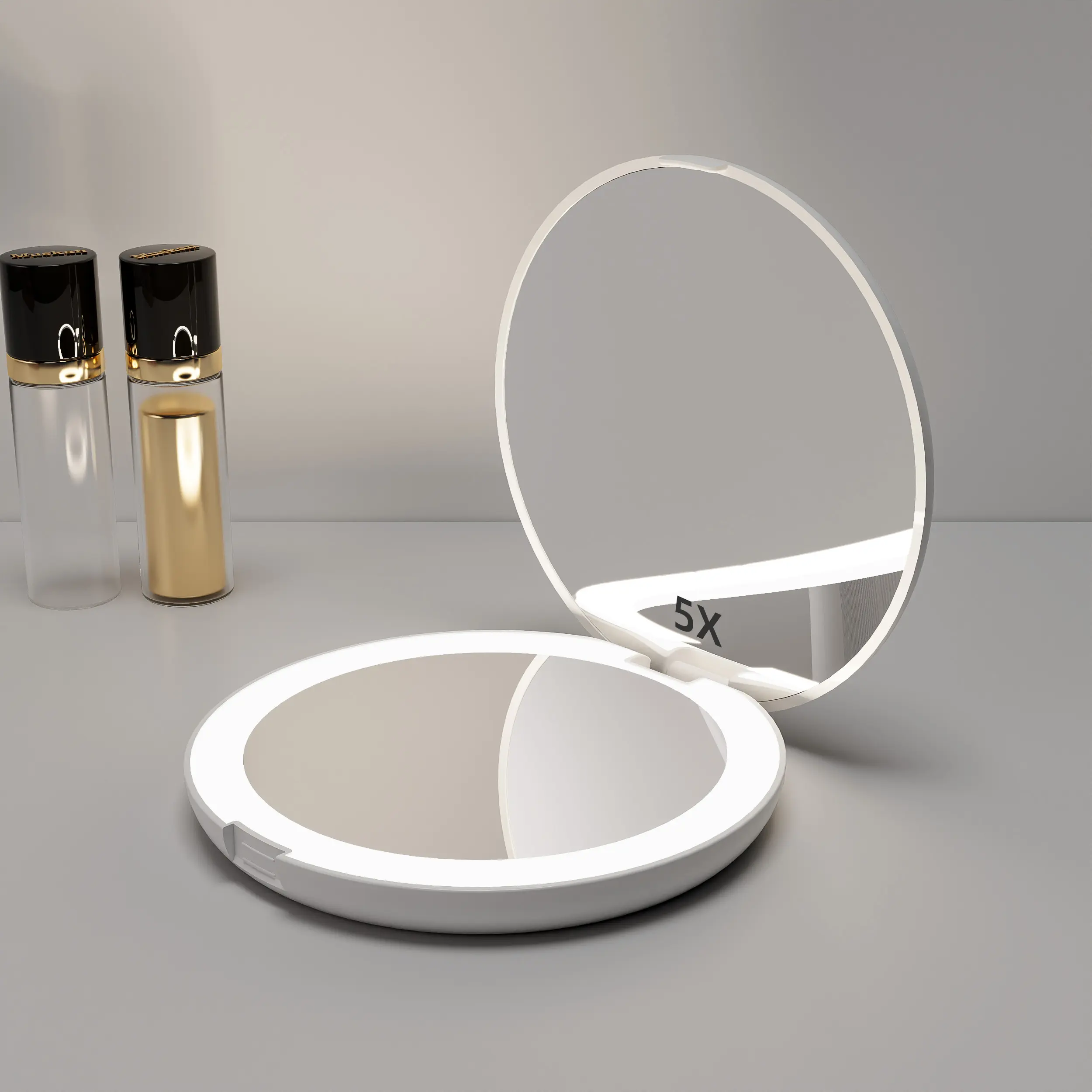 Miroir Pliant Portable Loupe Main 5x Blanc de Marque Privée avec Poche à Lumière Led Mini Petit Miroir de Maquillage Compact