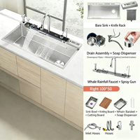 Éviers de cuisine intelligents en acier inoxydable SUS304 avec cascade LED, cuve simple multifonctionnelle avec lave-tasses, éviers pour cuisines et projets commerciaux