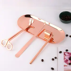 High Grade Gold Or Rose Gold Color Stainless Steel Scented Candle Accessory Wick Trimmer Snuffer With Tray Holder