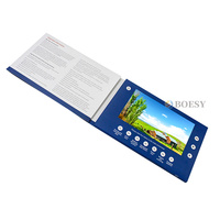 Impression d'une carte d'écran LCD avec trois cartes de visite vidéo pliées pour le courrier et une livret vidéo pour la présentation.