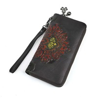Dompet Wanita Vintage dengan Resleting, Kulit Sapi Asli, Tempat Kartu dan Ponsel, Lapisan Poliester