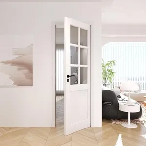 Porta interior de madeira para quarto, design moderno, painel de vidro branco, porta de madeira, meio de madeira, meio de vidro, para uso residencial